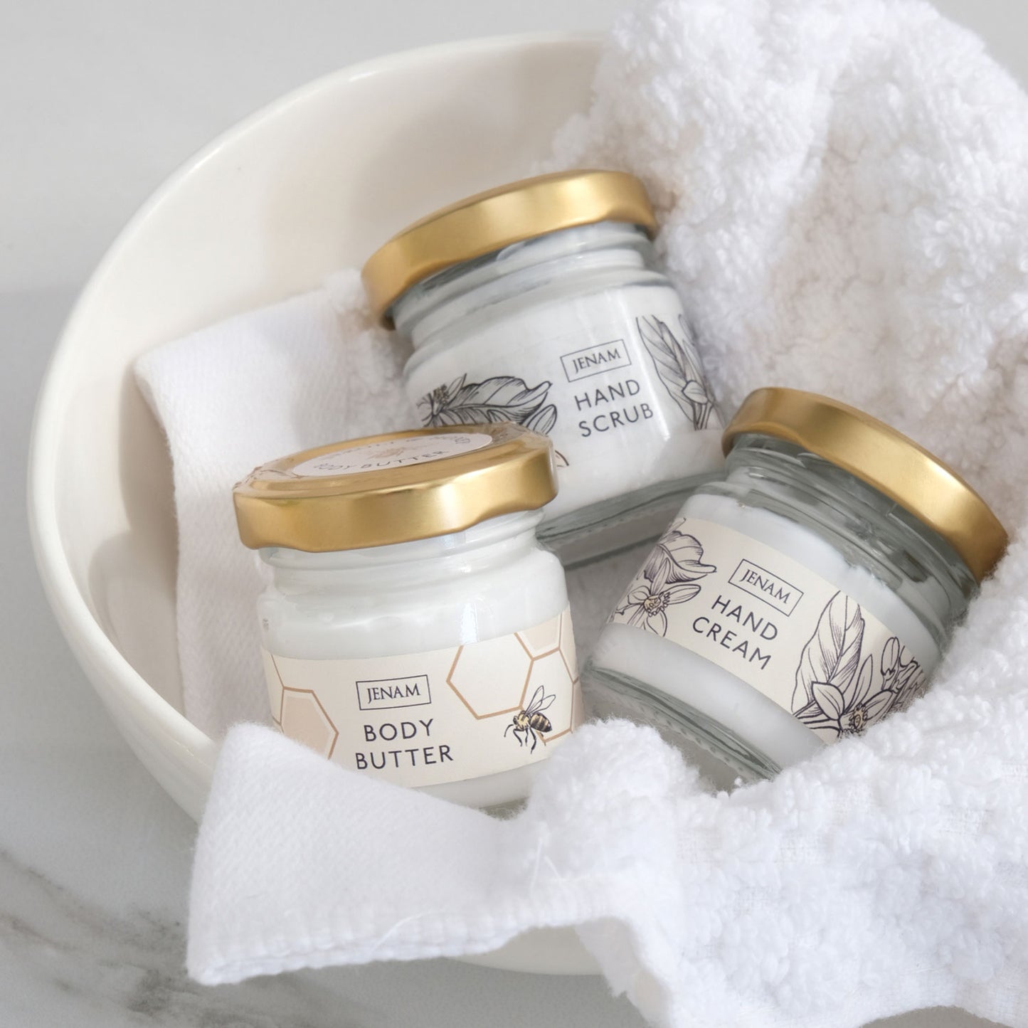 Bee Little Lux Pamper Trio - (In Glass Jars) - 35g Body Butter, 35g Hand Scrub & 35ml Hand Cream