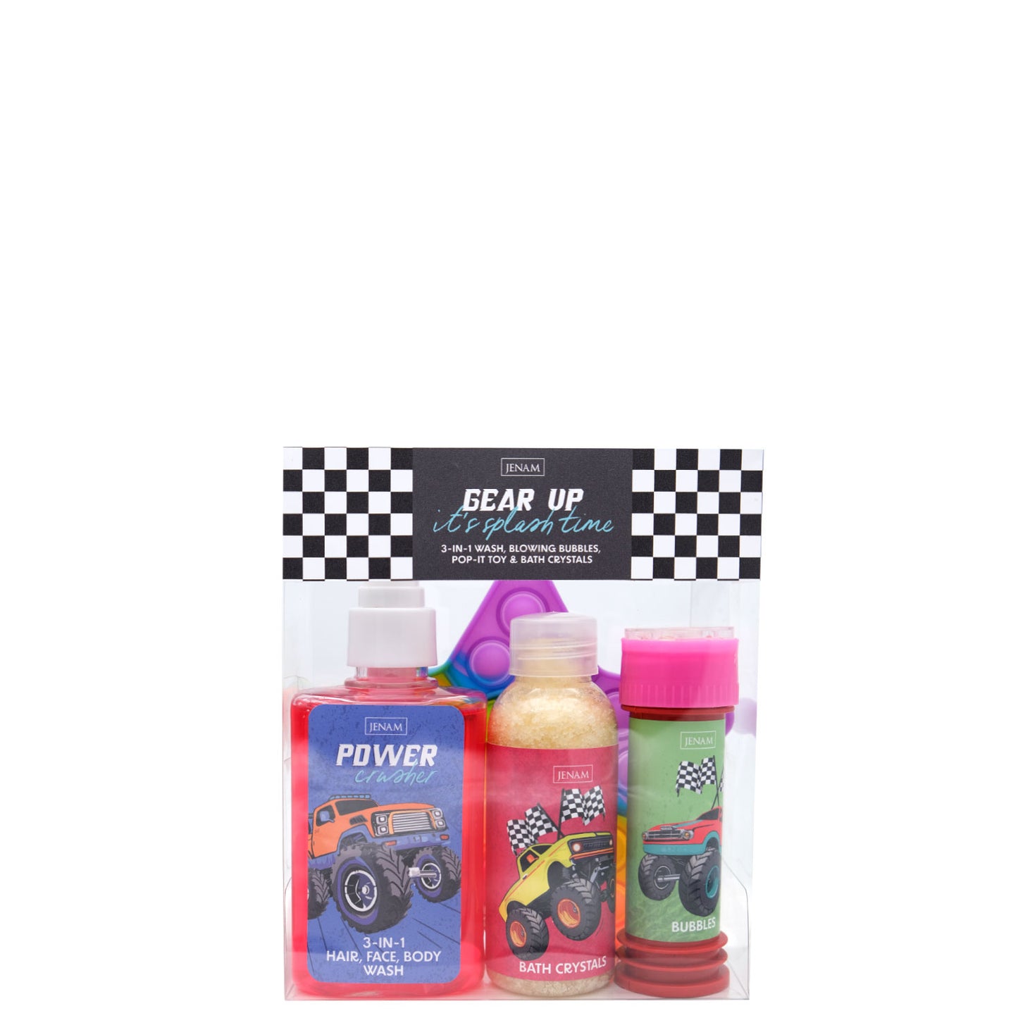 Big Wheels Gear Up - 150g Bath Crystals, 150ml 3-In-1 Wash, 50ml Bubbles & Pop It Toy
