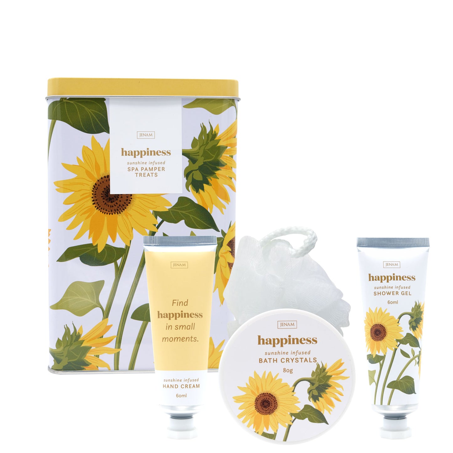 Sunflower Spa Pamper Treats - 60ml Hand Cream, 60ml Shower Gel, 80g Bath Crystals & 20g Mesh Sponge