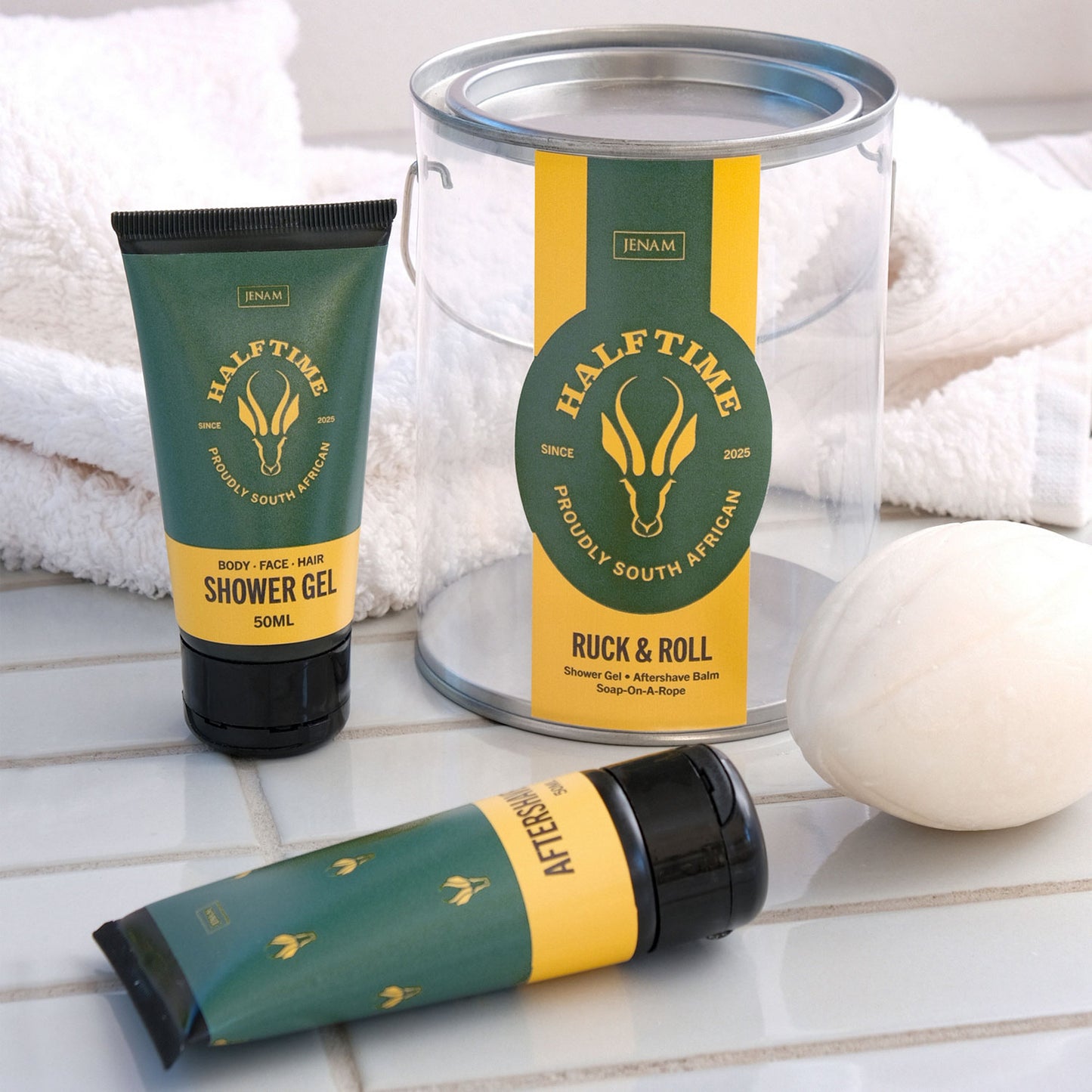Half Time Ruck & Roll - 50ml Bath & Shower Gel, 50ml Aftershave Balm & 150g Rugby Soap-On-A-Rope
