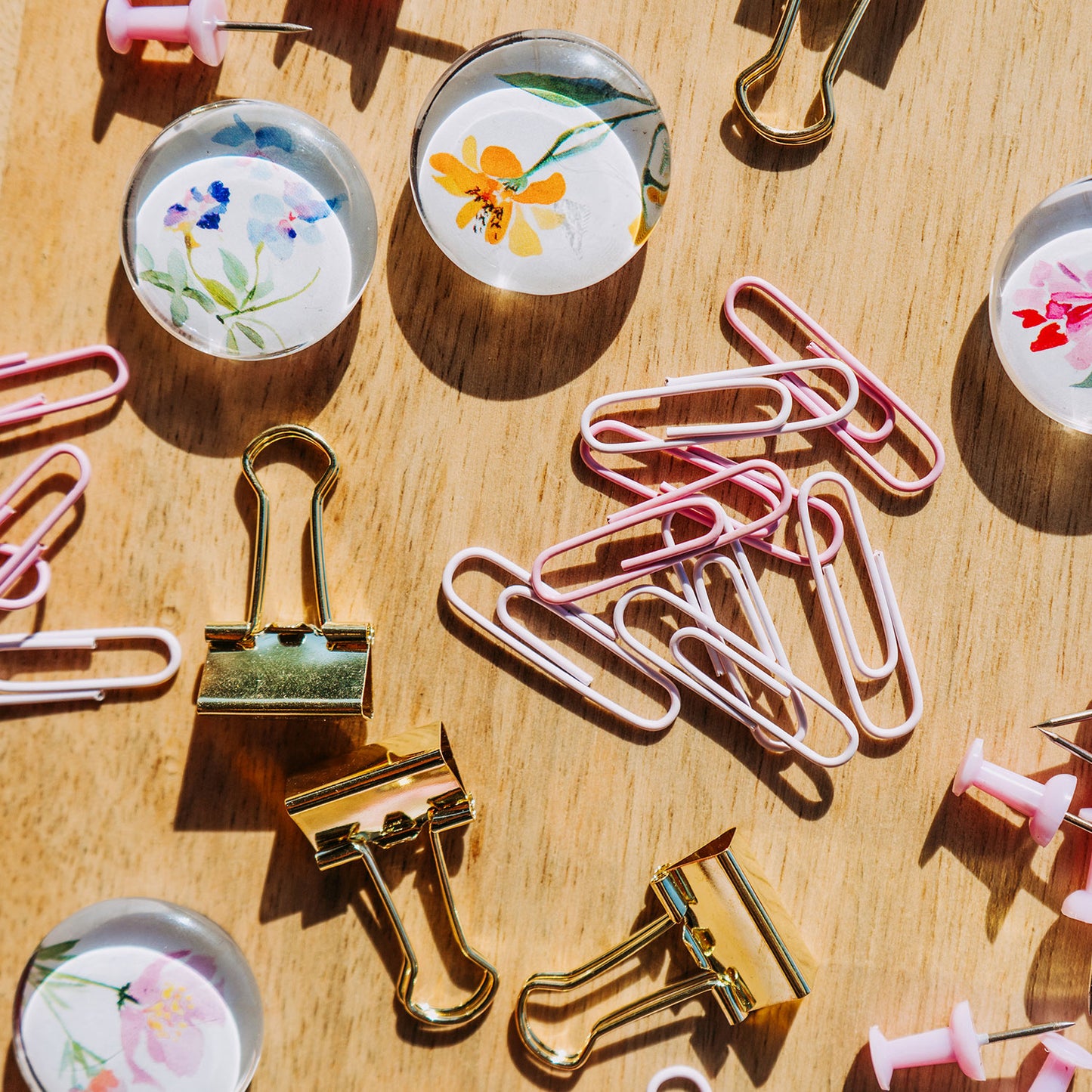 Dress Your Desk - Office Accessories Set - Contains: 4 x Glass Magnets, 20 x Push Pins, 40 Paper Clips 6 Binder Clips