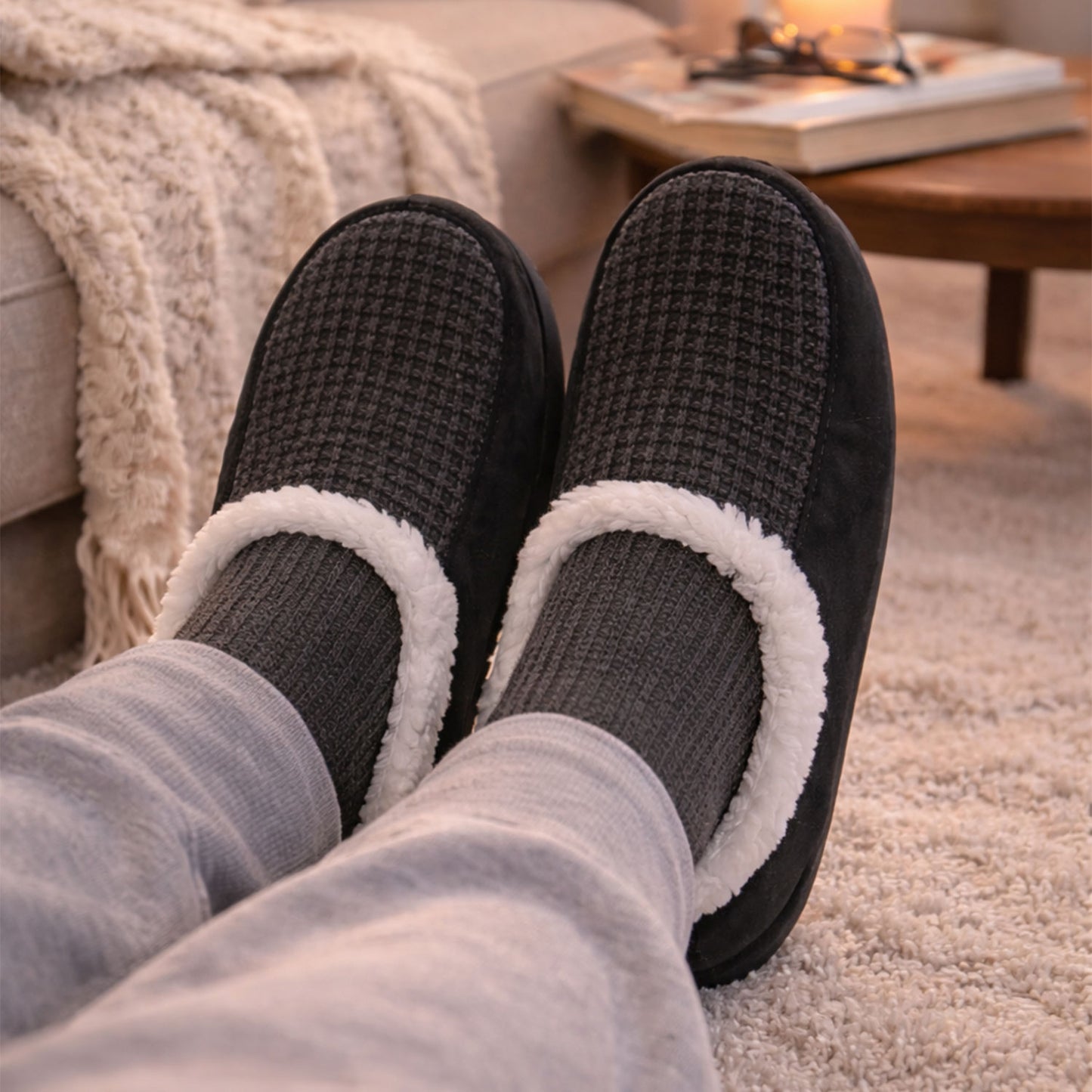 Cosy Mens Fluffy Slippers - (Black Houndstooth)