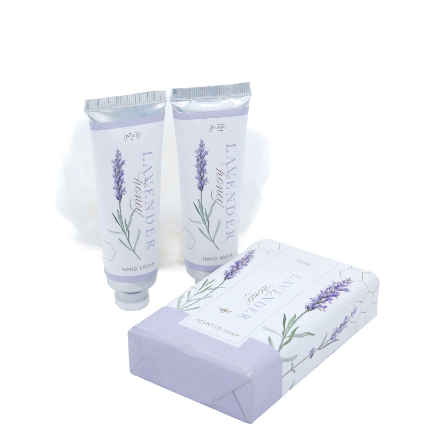 Lavender & Honey Body Care Trio - 30ml Hand Cream, 30ml Hand Wash, 200g Soap & 20g Mesh Sponge
