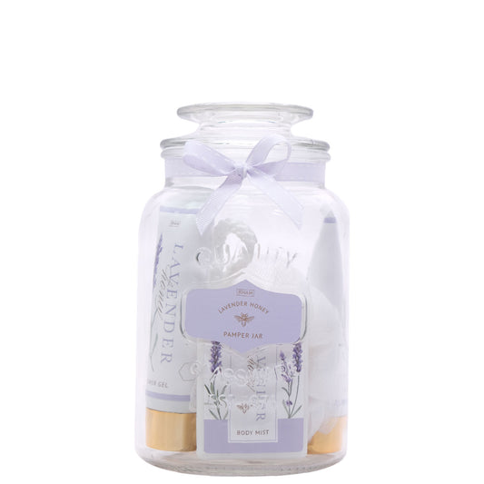 Lavender & Honey Pamper Jar (60ml Shower Gel, 60ml Body Lotion, 80g Bath Crystals, 20ml Body Mist & White Mesh Sponge)