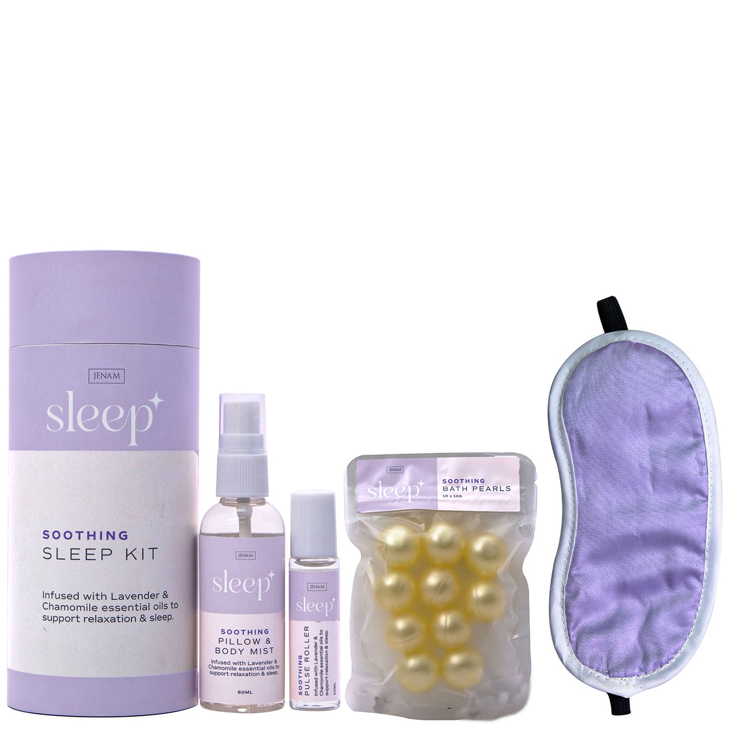 Jenam Wellness Sleep Kit (Eye Mask, 10 X Bath Pearls, 10ml Pulse Roller & 60ml Pillow & Body Mist)