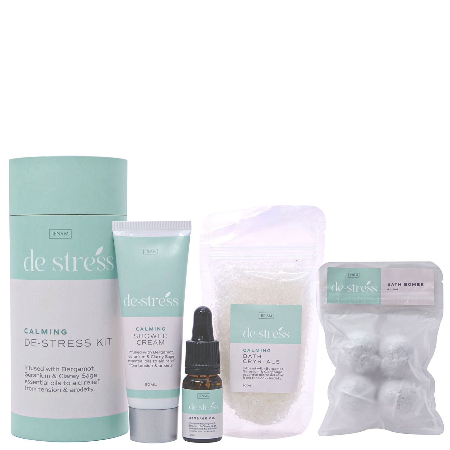Jenam Wellness De - Stress Kit - 10ml Massage Oil, 60ml Shower Cream, 4 X 10g Bath Bombs & 100g Bath Crystals