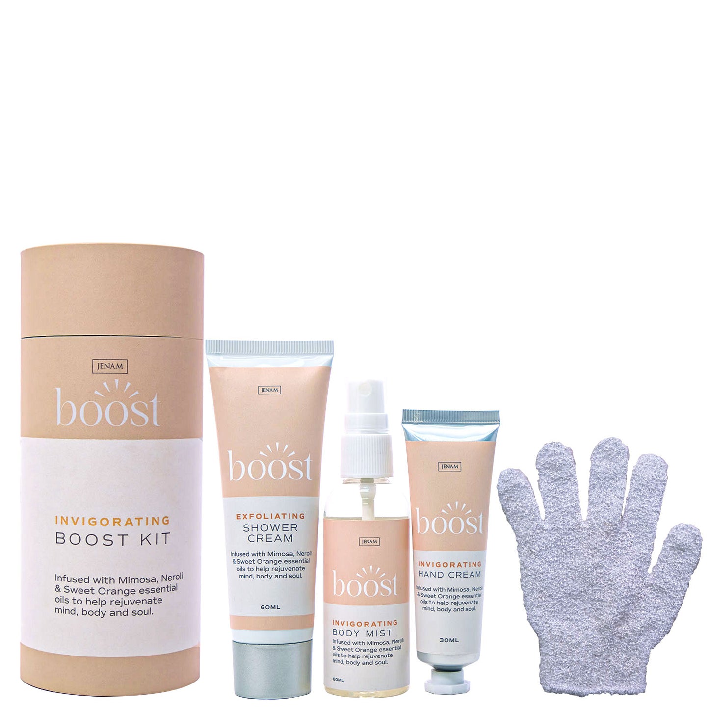 Jenam Wellness Boost Kit - Exfoliating Glove, 60ml Exfoliating Shower Cream, 60ml Body Mist & 30ml Hand Cream