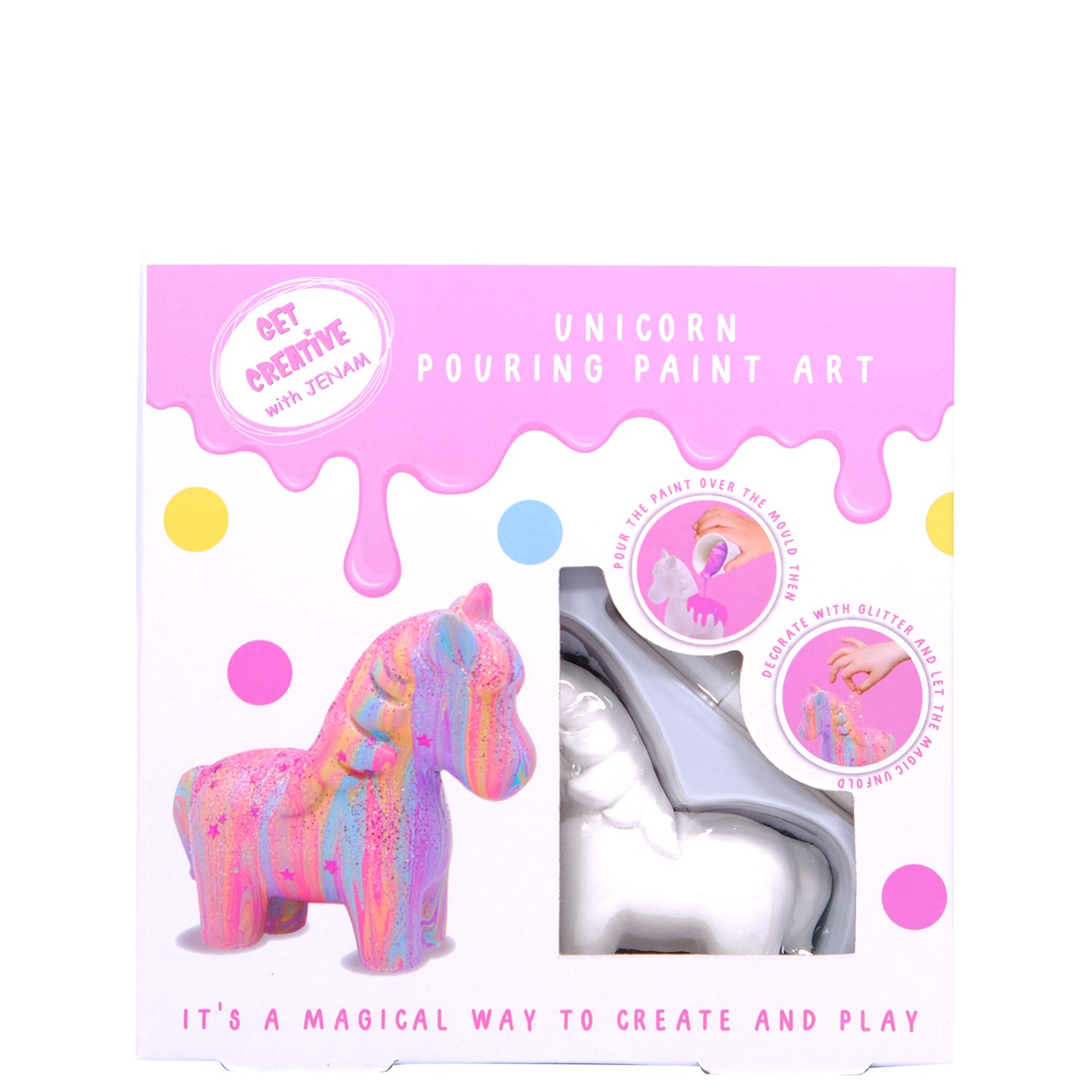 Unicorn Pouring Paint Art - 1 X Plaster Unicorn, 4 X Pouring Paints, 3 X Glitter Packs & 1 X Glue