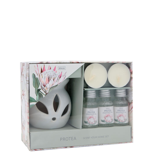 Protea Scent Your Home Set - 3 x 10ml Fragrance Oils, Ceramic Oil Burner & 2 x Tealight Candles