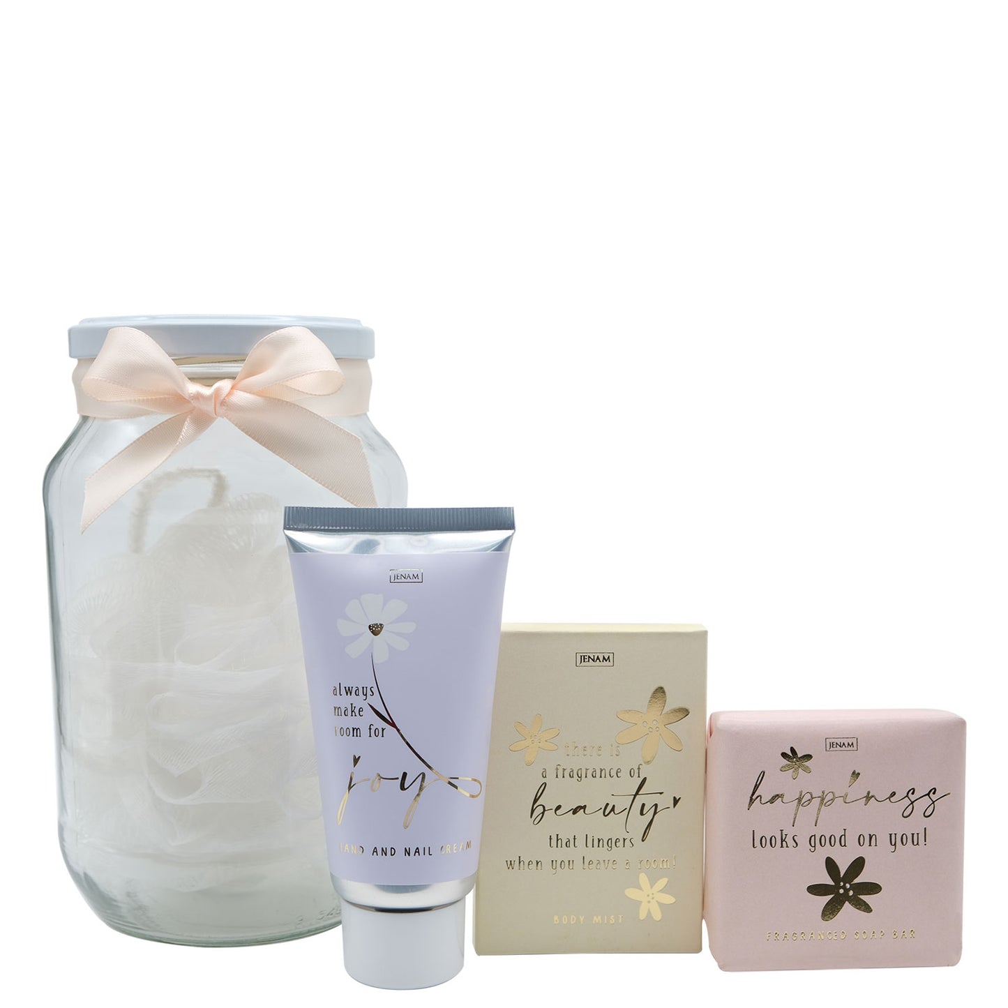 Just Smile Pamper Jar - 75ml Hand & Nail Cream, 90g Soap, 20ml Body Mist & 30g Mesh Sponge