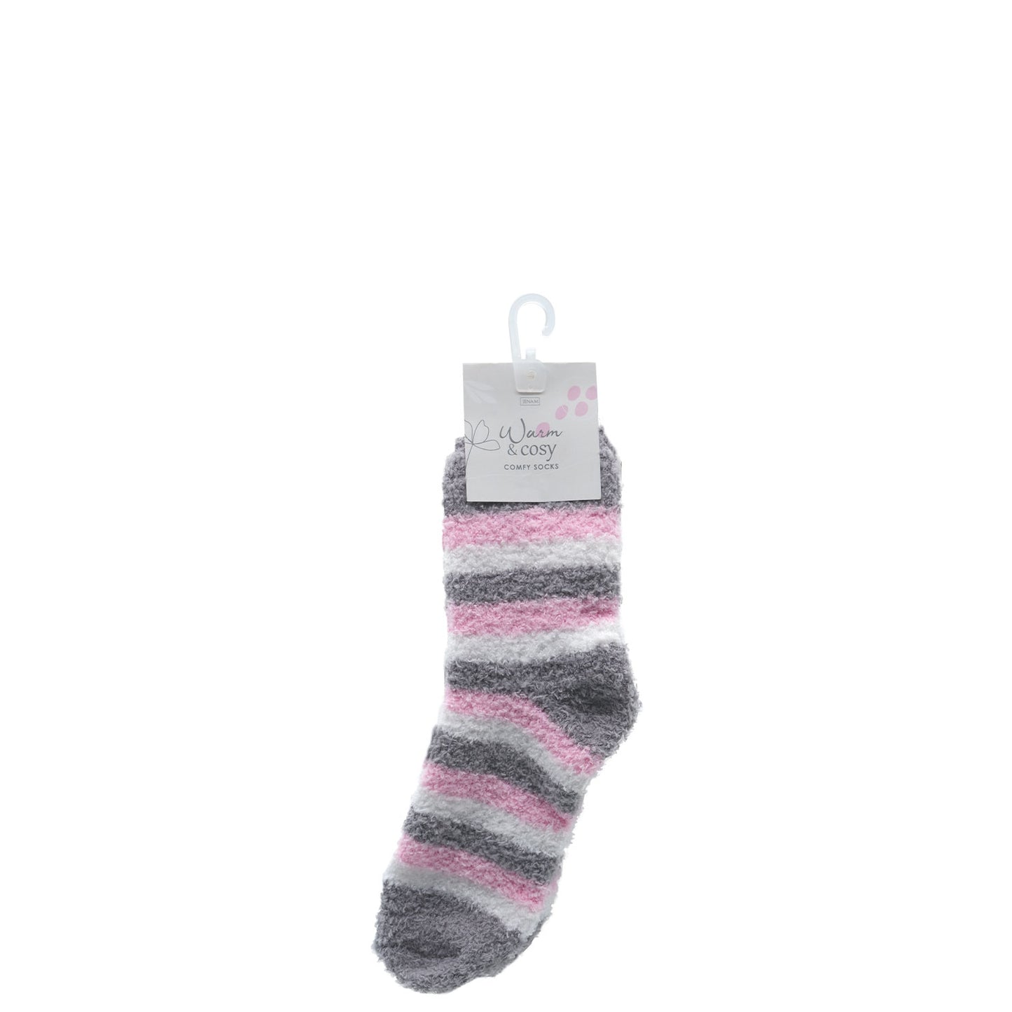 Cosy Fluffy Socks (Pink, Grey, White Stripe) - One Size Fits Most