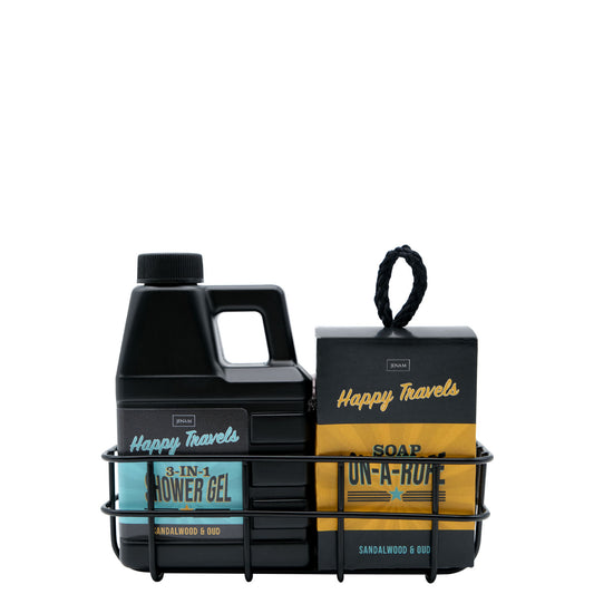 Happy Travels Body Care Caddy - 200ml 3-In-1 Shower Gel, 125g Soap-On-A-Rope & Facecloth