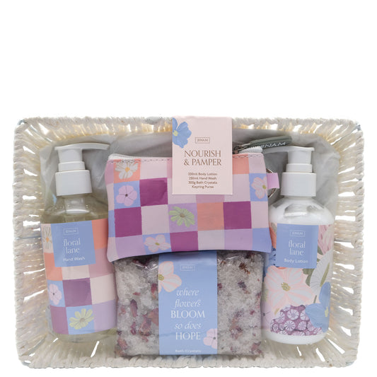 Nourish & Pamper - 250ml Body Lotion, 250ml Hand Wash, 300g Bath Crystals & Keyring Purse - 13 x 8cm
