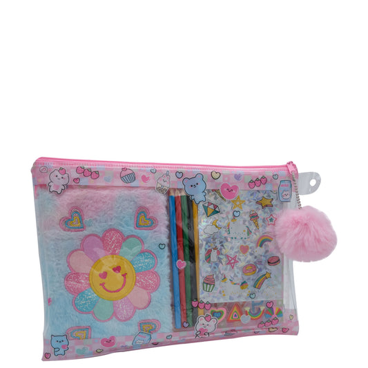 Magical Stationery Pack - 1 A5 Plush Journal, 1 Sheet Of Stickers, 5 Colouring Pencils, 4 Erasers & Reusable Bag With Pom-pom Keyring.