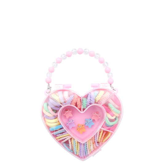 Hey Girl Hairbands In Heart Case - 5 Mini Hair Clips & 63 Assorted Hairbands