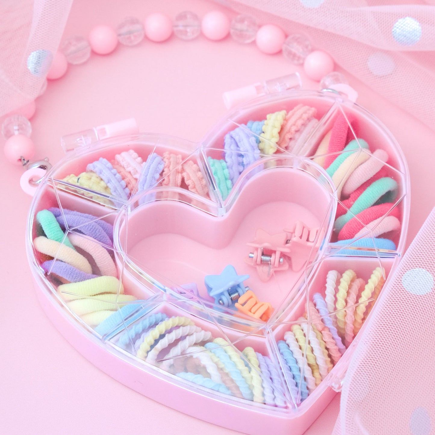 Hey Girl Hairbands In Heart Case - 5 Mini Hair Clips & 63 Assorted Hairbands