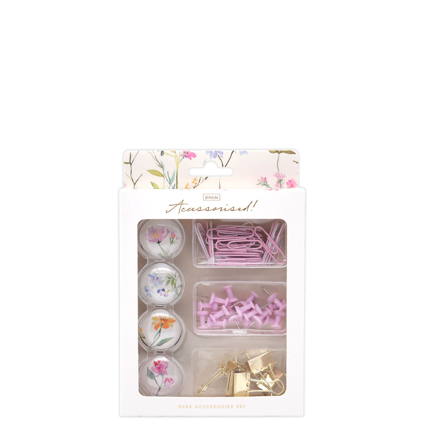 Dress Your Desk - Office Accessories Set - Contains: 4 x Glass Magnets, 20 x Push Pins, 40 Paper Clips 6 Binder Clips