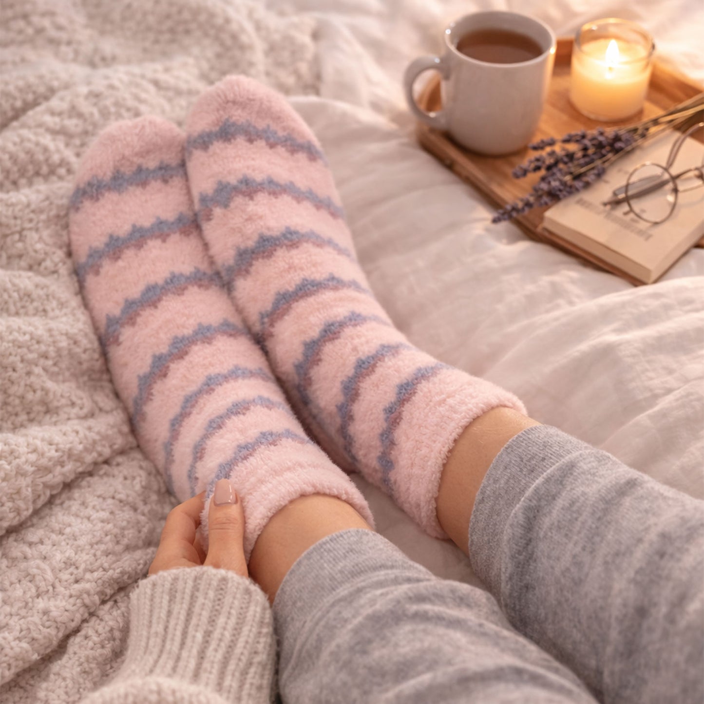 Cosy Fluffy Socks - (Pink & Grey Stripe)
