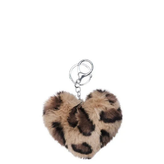 Fluffy Heart Keyring (Leopard Print) - 9 x 6cm