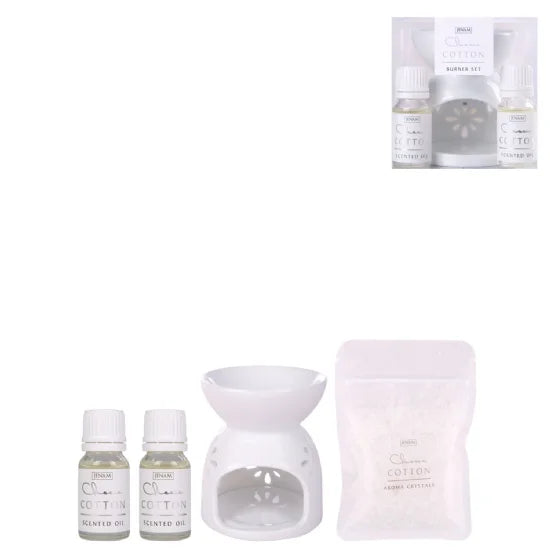 Classic Cotton Oil Burner Set (Ceramic Oil Burner, 2 x 10ml Oils & 100g Aroma Crystals)