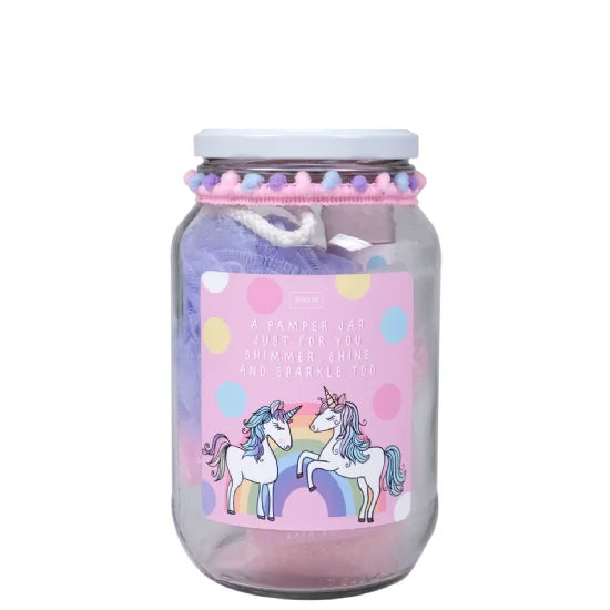 Unicorn Days Pamper Jar (Mesh Sponge, 30ml Shimmer Lotion, 30ml Shower Gel, 60ml Bubble Bath &100g Bath Salts)